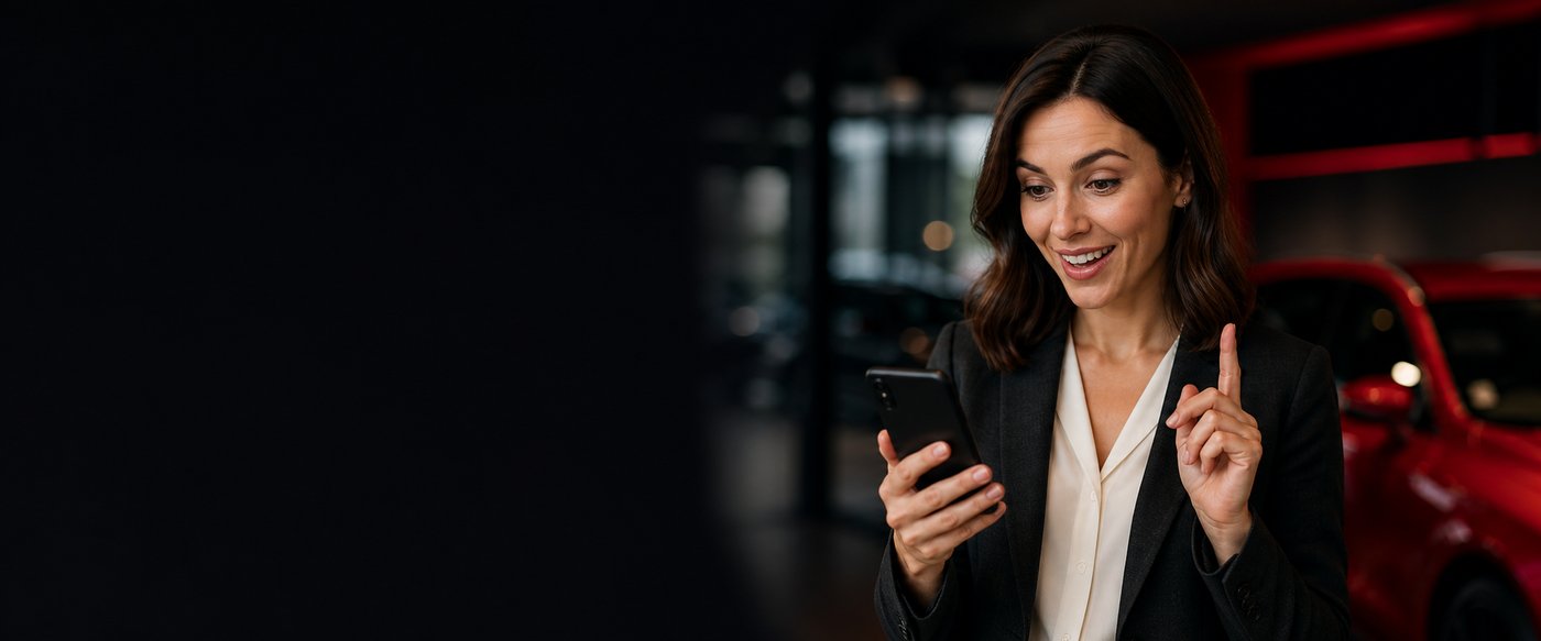 A dealer filming a listing on her phone in the showroom