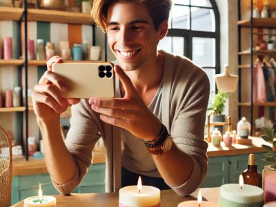 Small business owner filming products with a smartphone, showcasing the ease of creating video ads for Vidifye