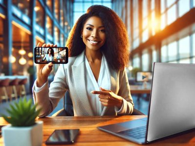 Business owner holding a smartphone, recording a video ad at a desk with a laptop displaying a video ad interface.