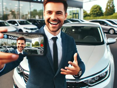 Car salesman filming a video ad in a showroom for Vidifye, demonstrating the ease of selling cars with video.