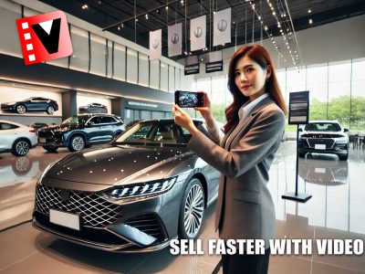 Saleswoman in a showroom filming a car with her smartphone for a Vidifye ad.