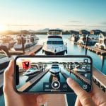 Person holding a smartphone, recording a video classified ad of a boat they want to sell.