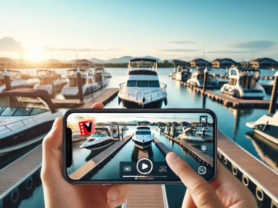 Person holding a smartphone, recording a video classified ad of a boat they want to sell.