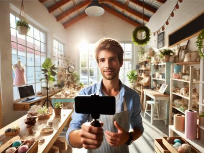Small business owner recording a video ad inside their shop, showcasing products for a video classifieds listing.
