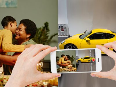 Split image showing a family birthday party on one side and a car for sale on the other, illustrating how social media video skills can be used for Vidifye classifieds.
