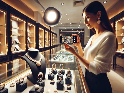 Saleswoman in a jewelry store recording a smartphone video of a ring for a Vidifye classified ad.